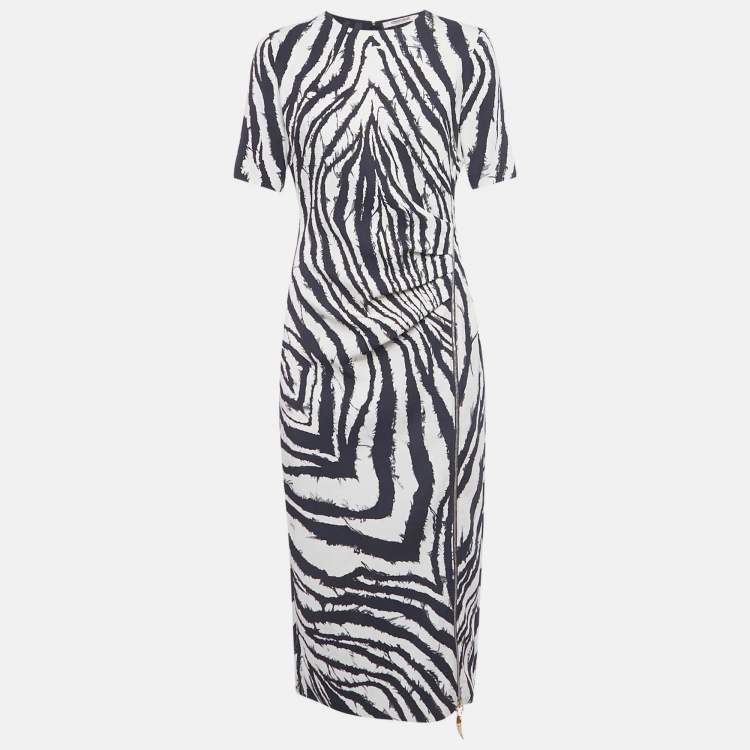Pre Owned Roberto Cavalli White/Black Printed Crepe Midi Dress M