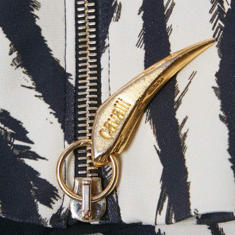 Pre Owned Roberto Cavalli White/Black Printed Crepe Midi Dress M