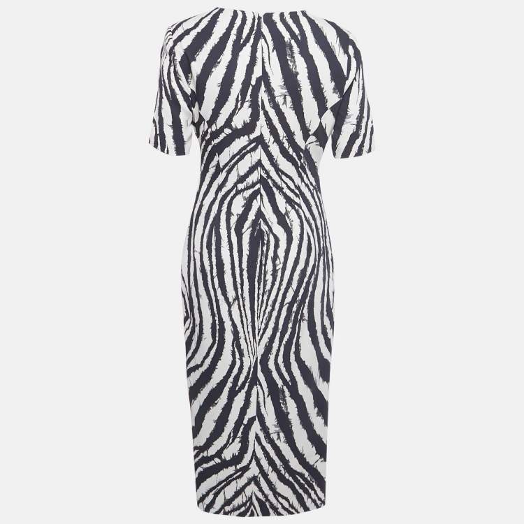 Pre Owned Roberto Cavalli White/Black Printed Crepe Midi Dress M