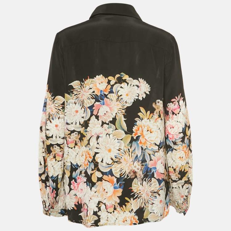 Pre Owned Roberto Cavalli Black Floral Print Silk Blouse M