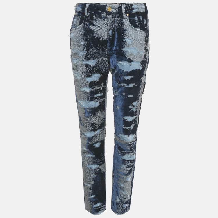 Pre Owned Roberto Cavalli Blue Distressed Velvet Layer Denim Jeans M/Waist 30"
