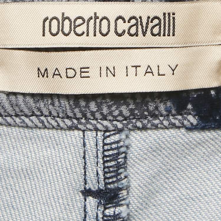 Pre Owned Roberto Cavalli Blue Distressed Velvet Layer Denim Jeans M/Waist 30"