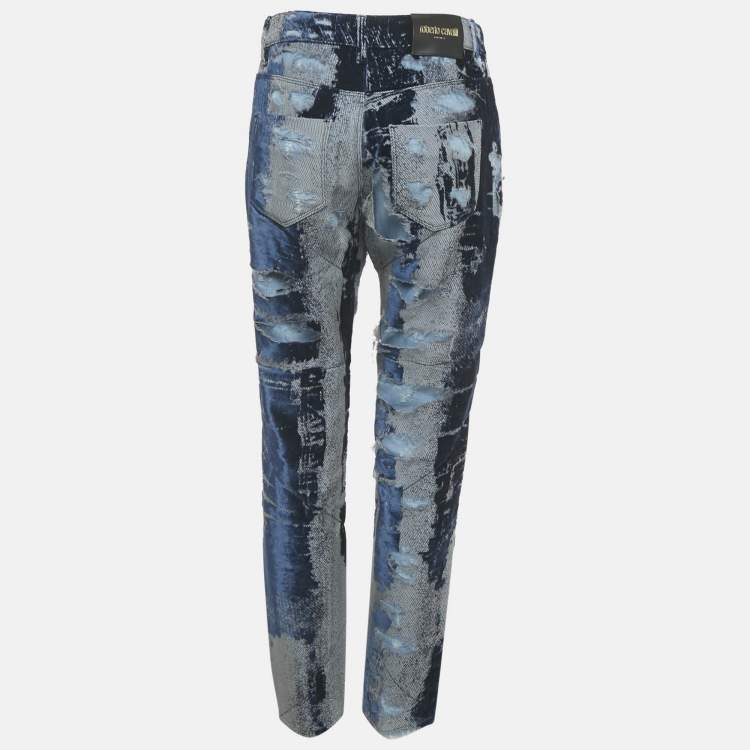Pre Owned Roberto Cavalli Blue Distressed Velvet Layer Denim Jeans M/Waist 30"