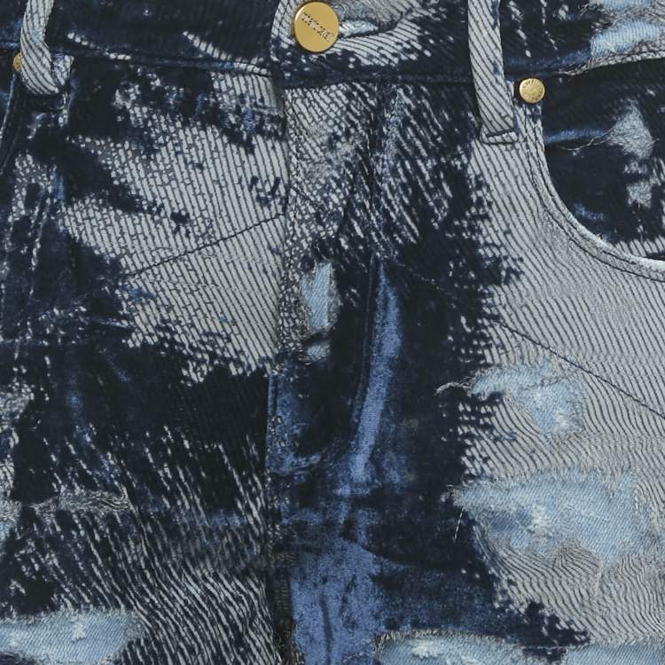 Pre Owned Roberto Cavalli Blue Distressed Velvet Layer Denim Jeans M/Waist 30"