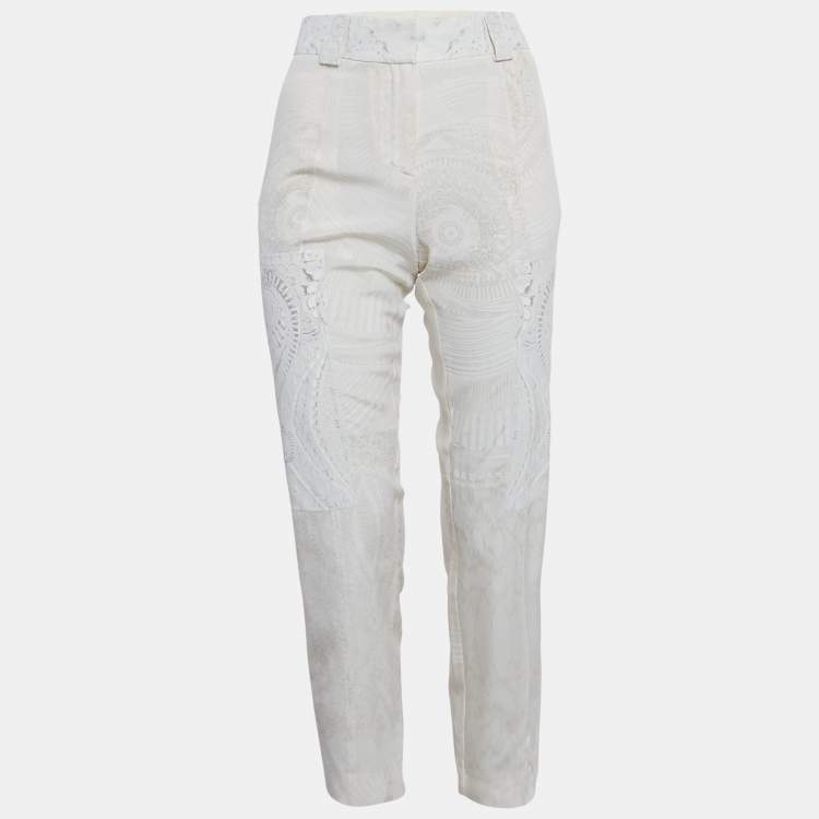 Pre Owned Roberto Cavalli Beige Printed Silk Slim Fit Trousers M