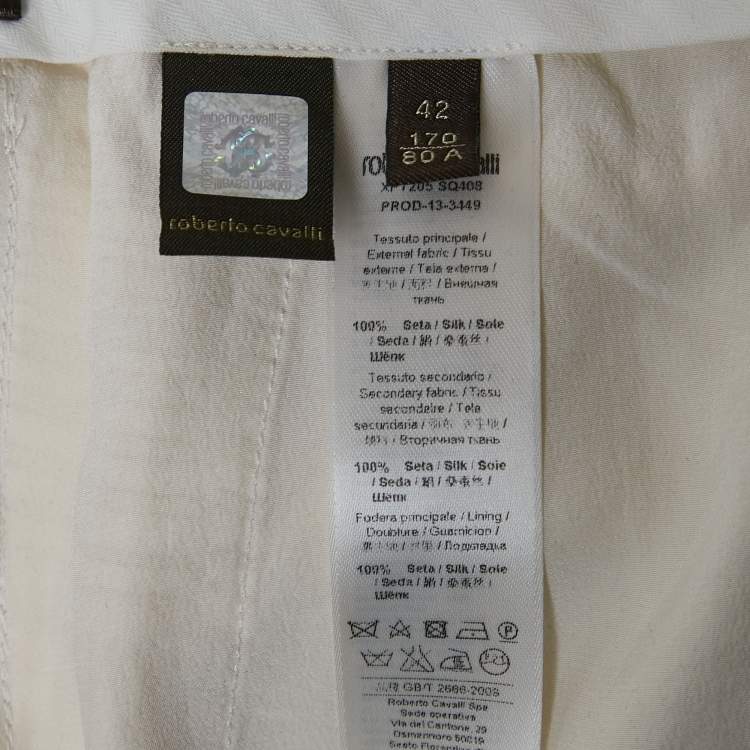 Pre Owned Roberto Cavalli Beige Printed Silk Slim Fit Trousers M