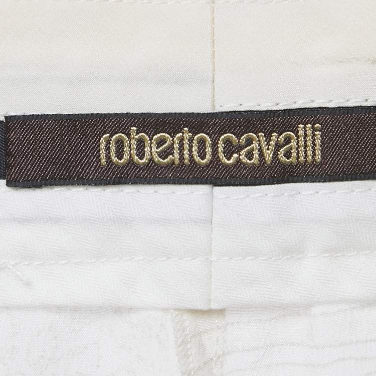 Pre Owned Roberto Cavalli Beige Printed Silk Slim Fit Trousers M