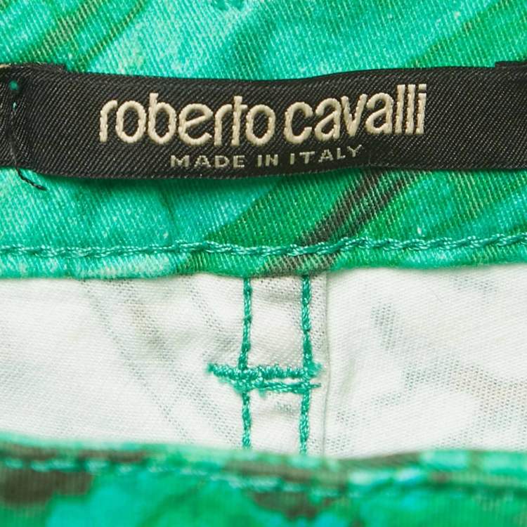 Pre Owned Roberto Cavalli Green Malachite Print Denim Shorts S