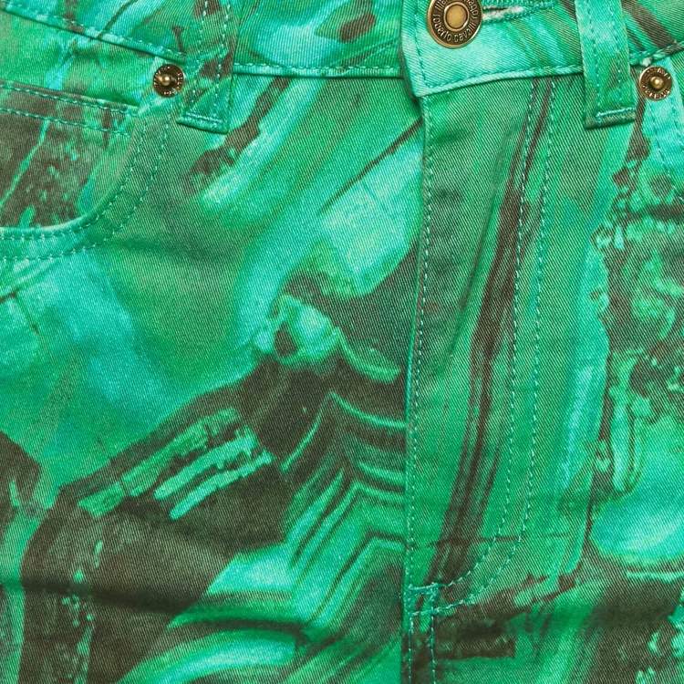 Pre Owned Roberto Cavalli Green Malachite Print Denim Shorts S