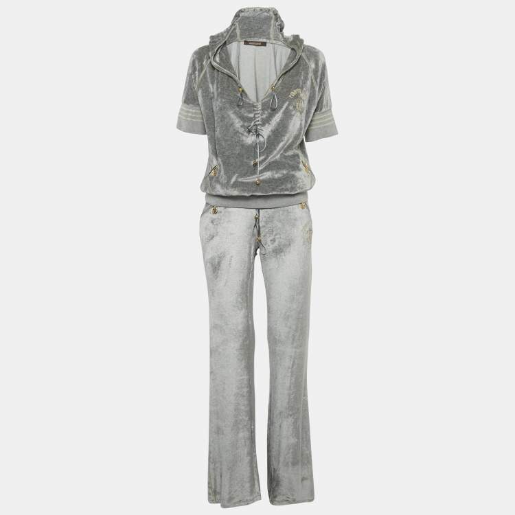 Pre Owned Roberto Cavalli Grey Velvet  Hooded Sweatshirt & Sweatpants L