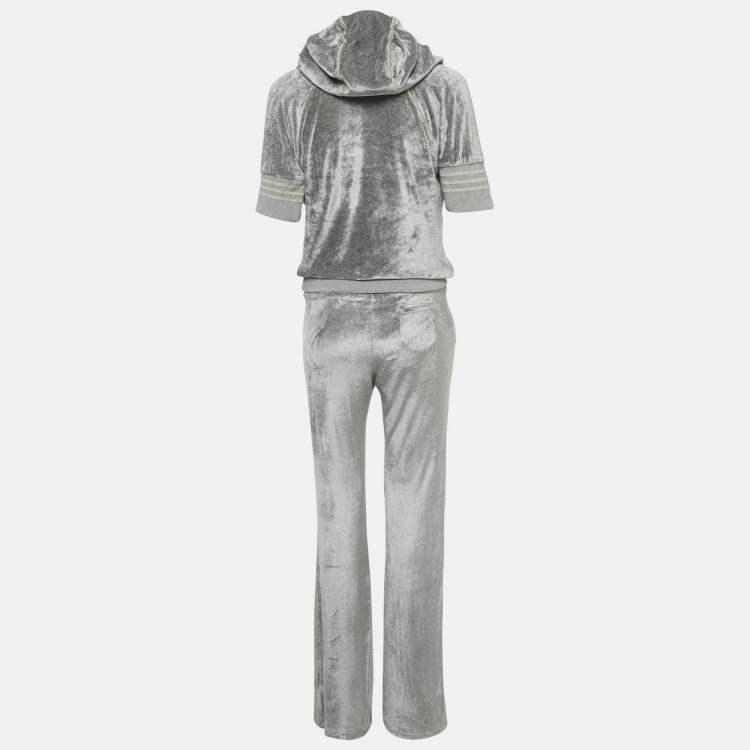 Pre Owned Roberto Cavalli Grey Velvet  Hooded Sweatshirt & Sweatpants L