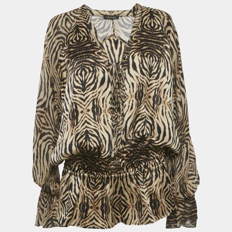 Pre Owned Roberto Cavalli Brown Tiger Printed Silk Tie Up Detail Top L