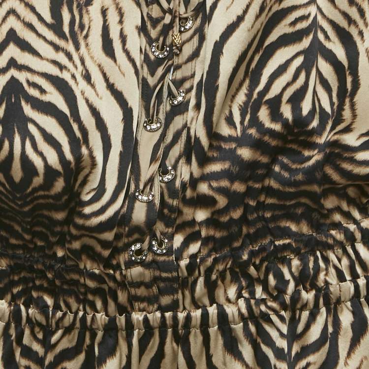 Pre Owned Roberto Cavalli Brown Tiger Printed Silk Tie Up Detail Top L