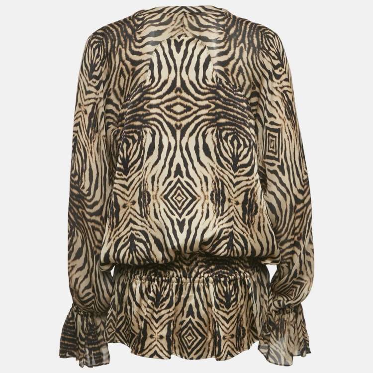 Pre Owned Roberto Cavalli Brown Tiger Printed Silk Tie Up Detail Top L