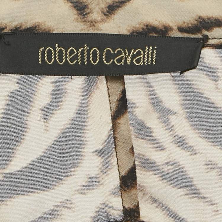 Pre Owned Roberto Cavalli Brown Tiger Printed Silk Tie Up Detail Top L