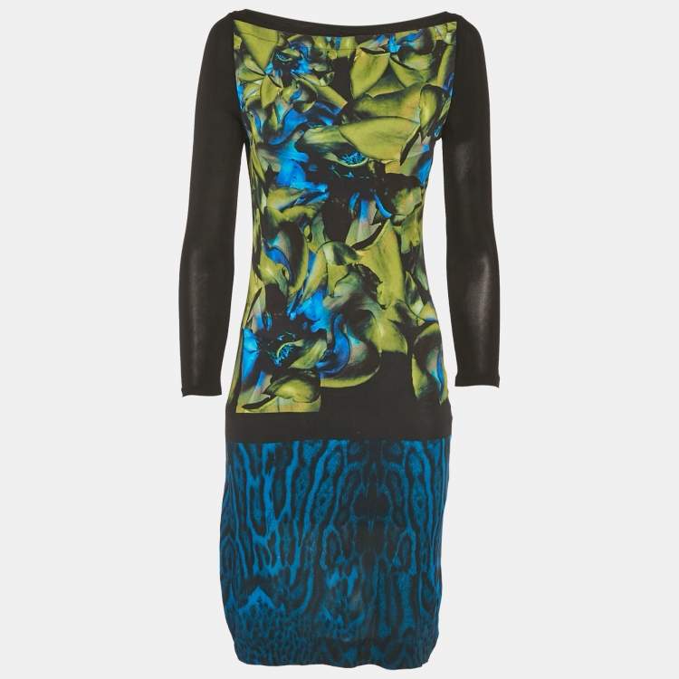 Pre Owned Roberto Cavalli  Black/Blue Printed Jersey Mini Dress S