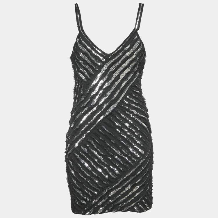 Pre Owned Roberto Cavalli Black Silk Distressed Sequin Mini Dress M