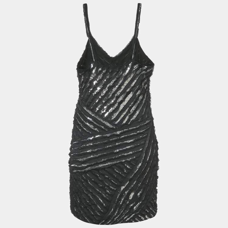 Pre Owned Roberto Cavalli Black Silk Distressed Sequin Mini Dress M