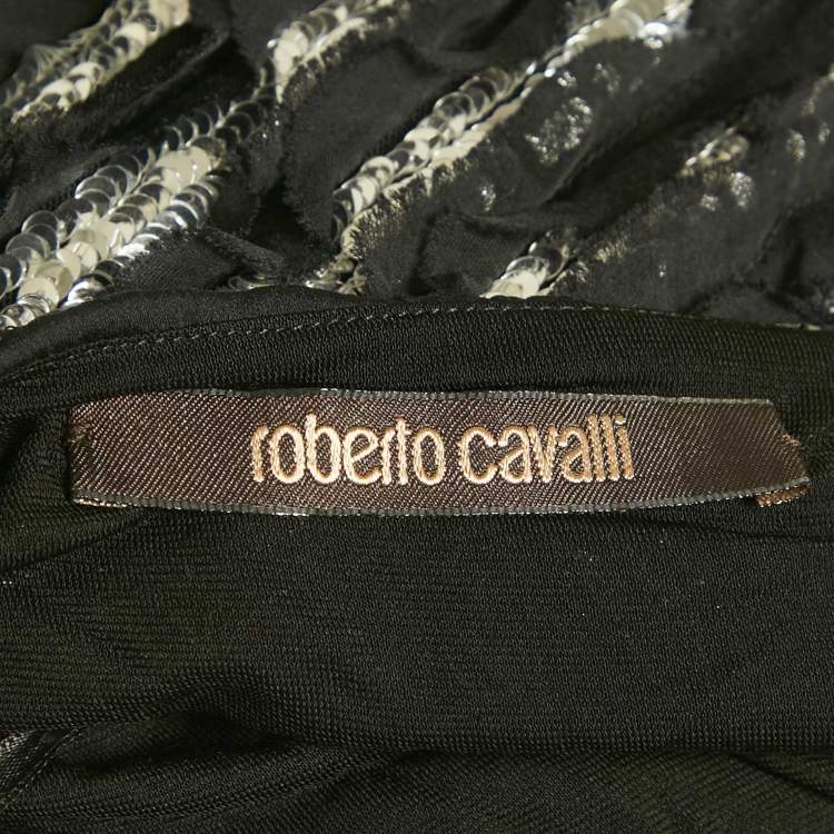 Pre Owned Roberto Cavalli Black Silk Distressed Sequin Mini Dress M