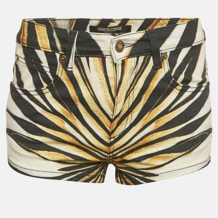 Pre Owned Roberto Cavalli Yellow Ray Of Gold Print Denim Shorts S/Waist 27"