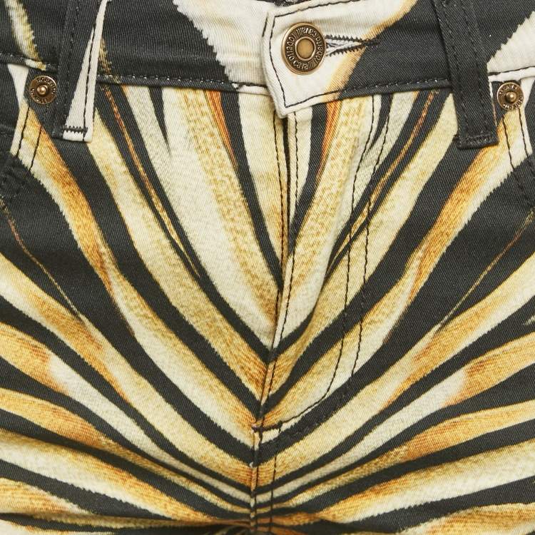 Pre Owned Roberto Cavalli Yellow Ray Of Gold Print Denim Shorts S/Waist 27"