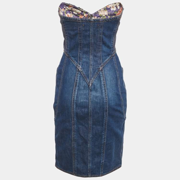 Pre Owned Roberto Cavalli Blue Denim Embellished Bustier Mini Dress S