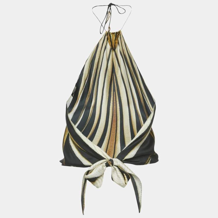 Pre Owned Roberto Cavalli Brown Animal Skin Print Silk Scarf Top XS