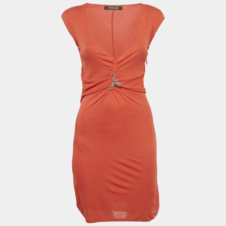 Pre Owned Roberto Cavalli Orange Jersey Draped Sleeveless Mini Dress S