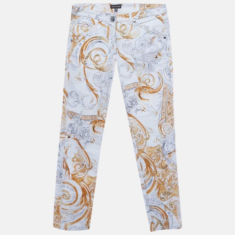 مملوكة مسبقًا Roberto Cavalli White/Yellow Printed Cotton Skinny Jeans XS/Waist 28"