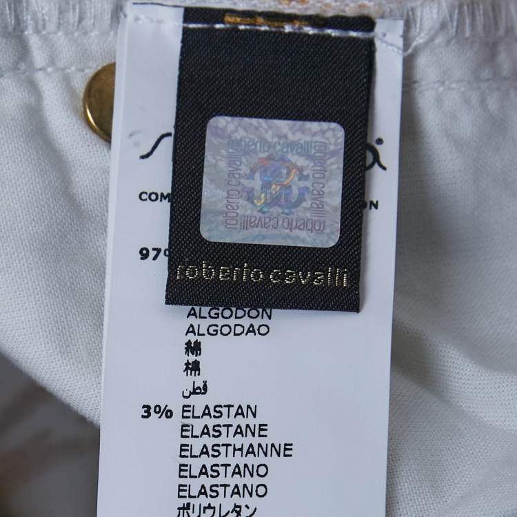 مملوكة مسبقًا Roberto Cavalli White/Yellow Printed Cotton Skinny Jeans XS/Waist 28"