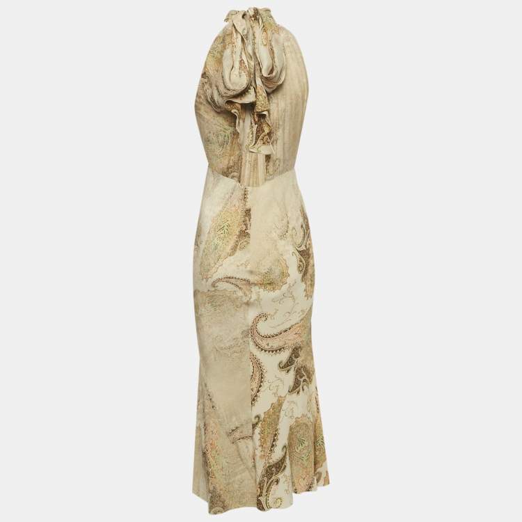 Pre Owned Roberto Cavalli Beige Paisley Print Silk Neck Tie Detail Dress XS 