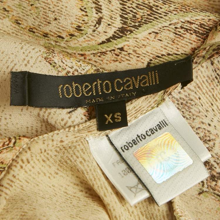 Pre Owned Roberto Cavalli Beige Paisley Print Silk Neck Tie Detail Dress XS 