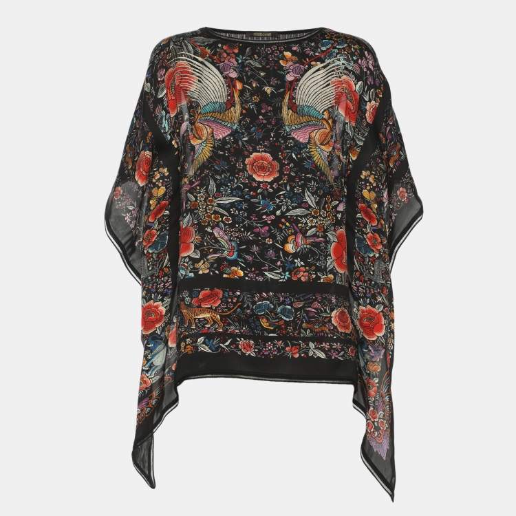 Pre Owned Roberto Cavalli Black Silk and Rib Knit Floral Print Tops M