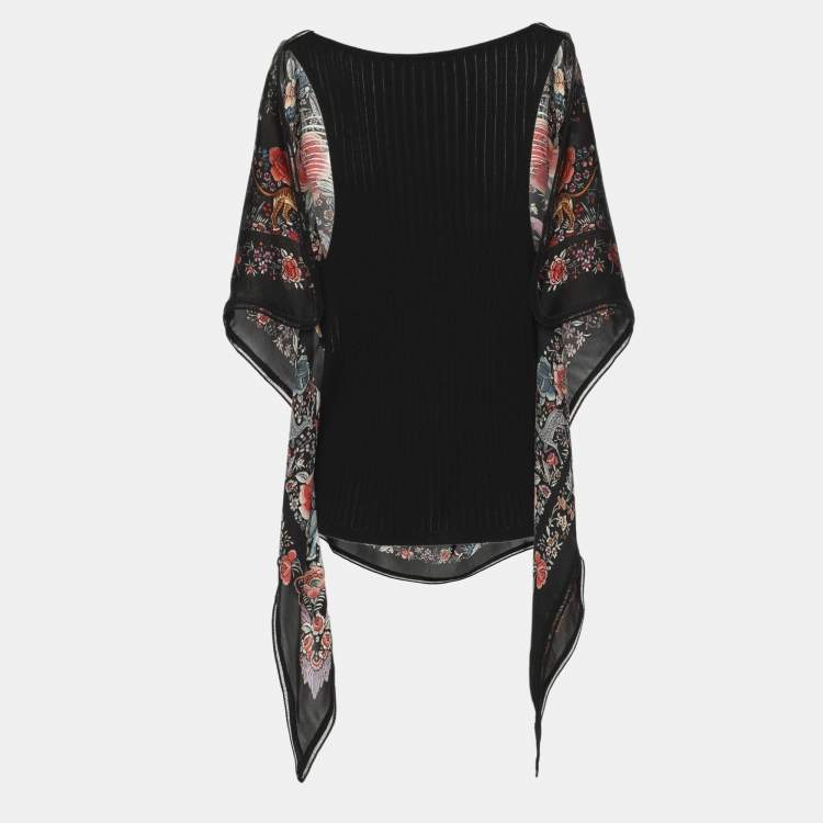 Pre Owned Roberto Cavalli Black Silk and Rib Knit Floral Print Tops M