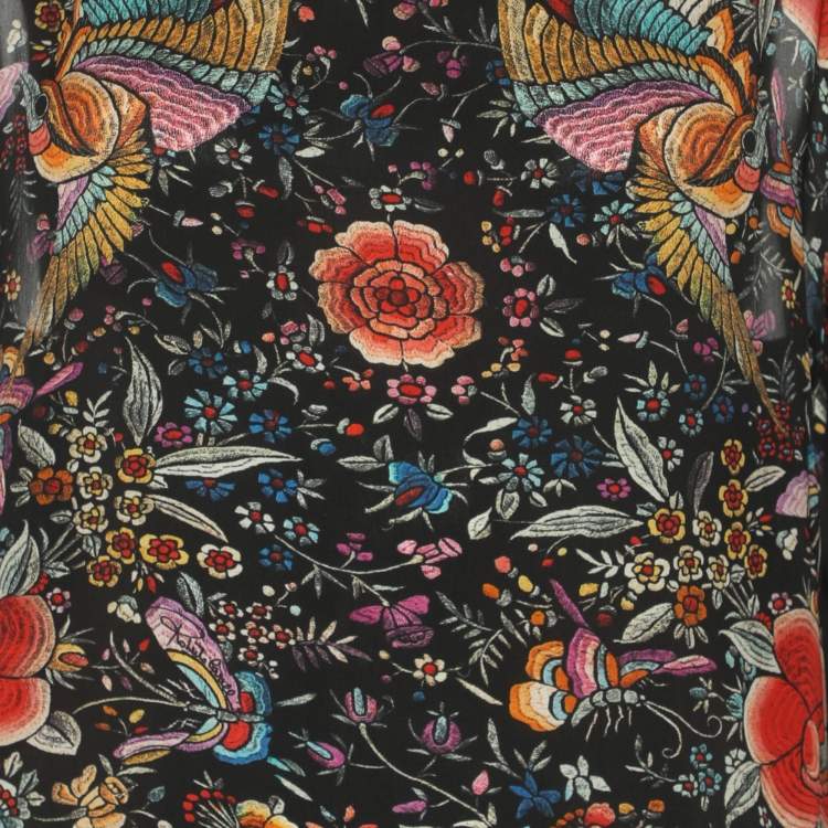 Pre Owned Roberto Cavalli Black Silk and Rib Knit Floral Print Tops M