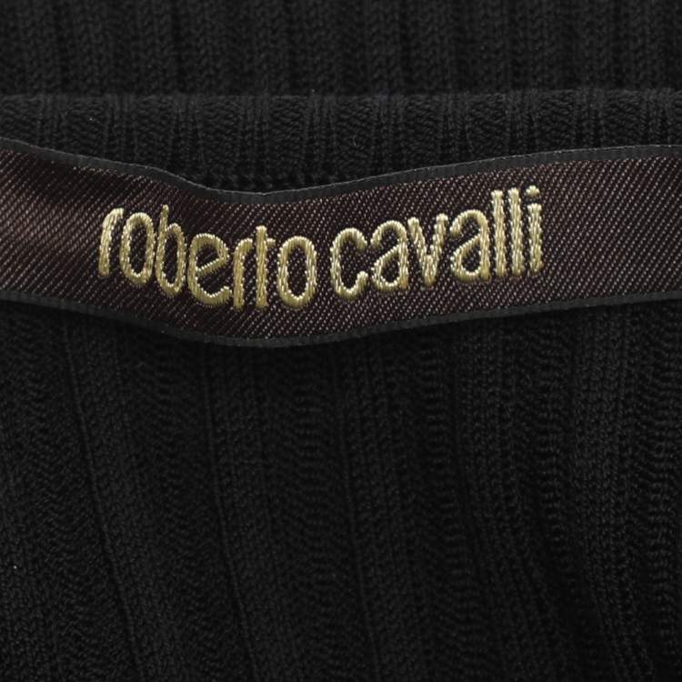 Pre Owned Roberto Cavalli Black Silk and Rib Knit Floral Print Tops M