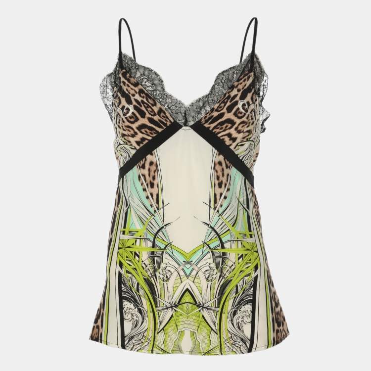 Pre Owned Roberto Cavalli Multicolor Printed Silk and Lace Camisole M