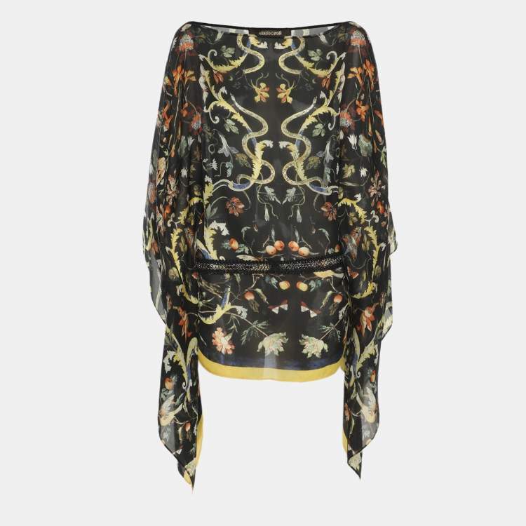 Pre Owned Roberto Cavalli Black Multicolor Floral Print Silk Belted Top S