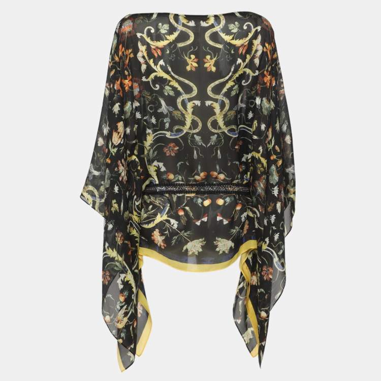 Pre Owned Roberto Cavalli Black Multicolor Floral Print Silk Belted Top S