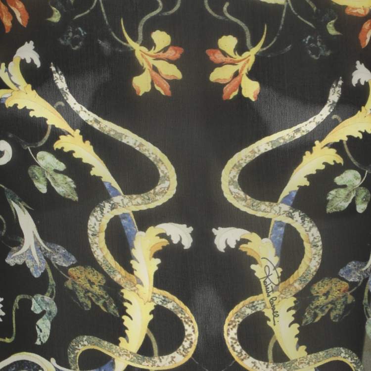 Pre Owned Roberto Cavalli Black Multicolor Floral Print Silk Belted Top S