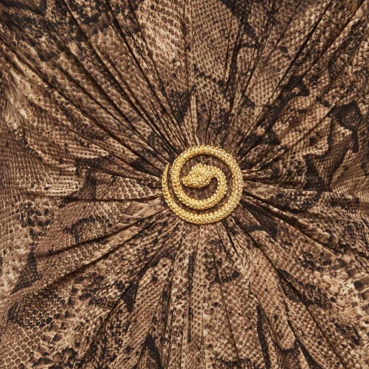Pre Owned Roberto Cavalli Brown Snakeskin Print Jersey Embellished Midi Dress L
