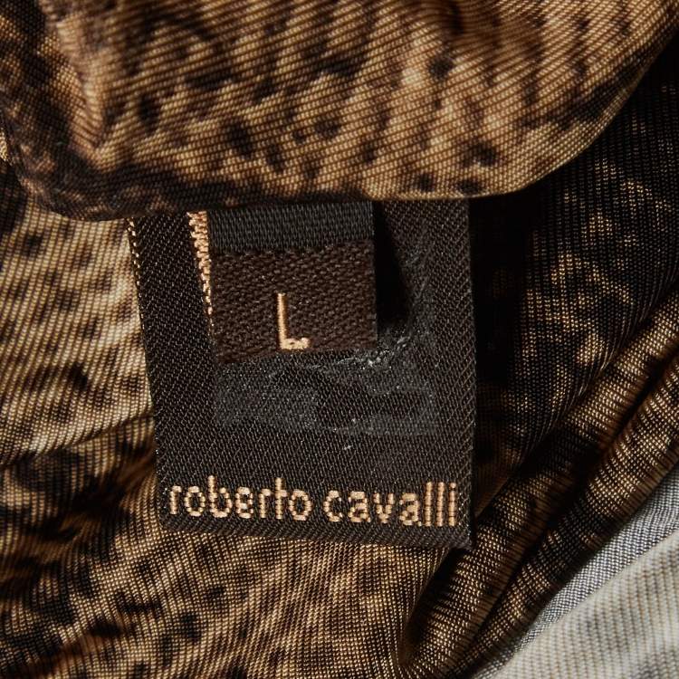 Pre Owned Roberto Cavalli Brown Snakeskin Print Jersey Embellished Midi Dress L