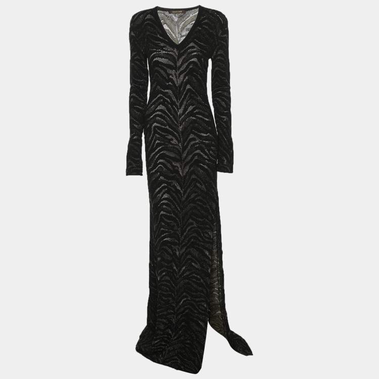 Pre Owned Roberto Cavalli Black/Gold Lurex Knit Long Dress M