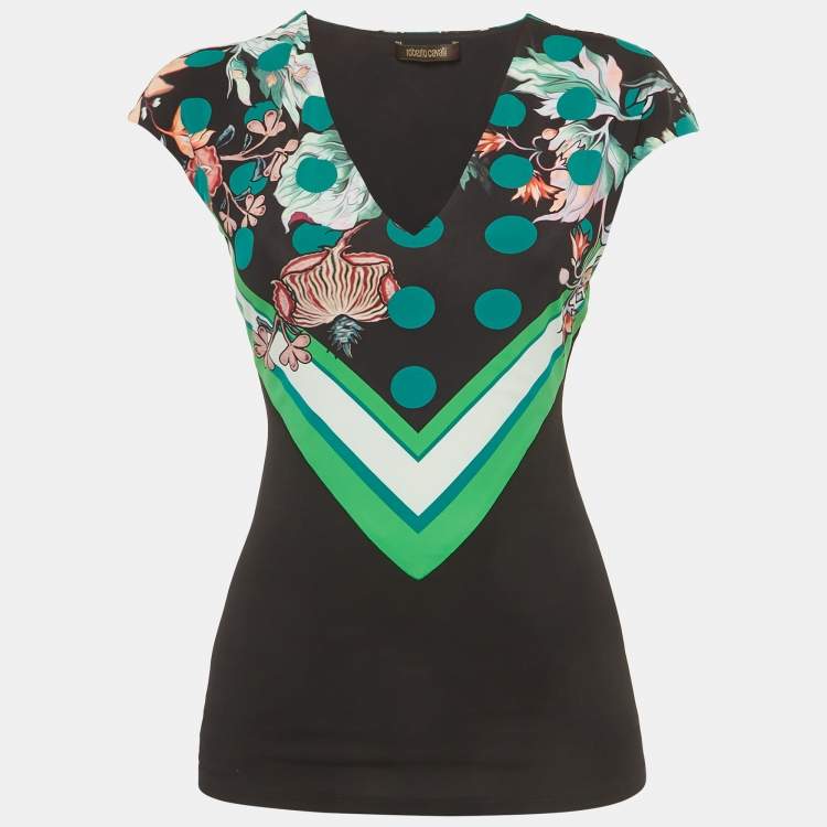 Pre Owned Roberto Cavalli Black Floral Print Jersey Cap Sleeve Top S