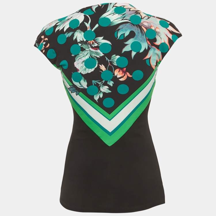 Pre Owned Roberto Cavalli Black Floral Print Jersey Cap Sleeve Top S