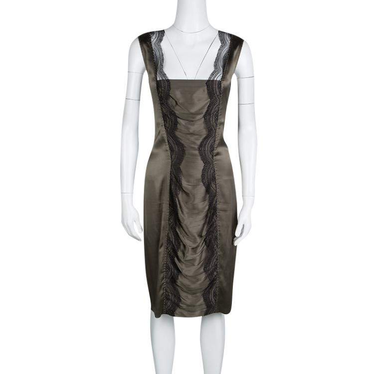 Pre Owned Roberto Cavalli Grey Scallop Lace Panel Detail Satin Ruched Sleeveless Dress M