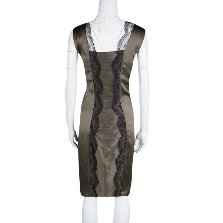 Pre Owned Roberto Cavalli Grey Scallop Lace Panel Detail Satin Ruched Sleeveless Dress M