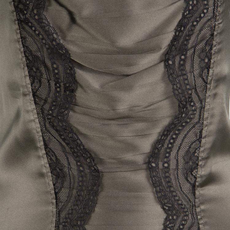 Pre Owned Roberto Cavalli Grey Scallop Lace Panel Detail Satin Ruched Sleeveless Dress M