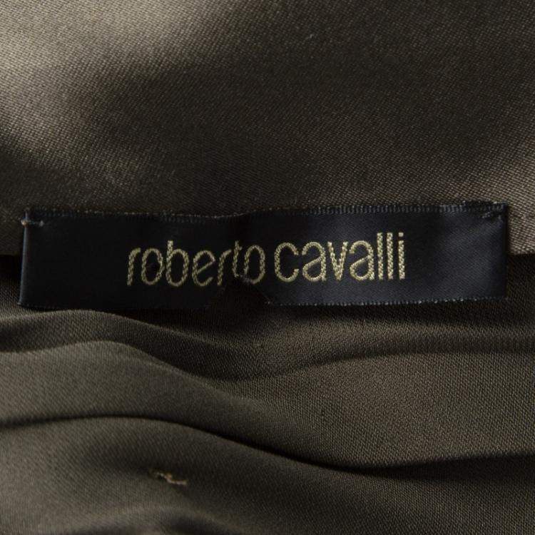 Pre Owned Roberto Cavalli Grey Scallop Lace Panel Detail Satin Ruched Sleeveless Dress M