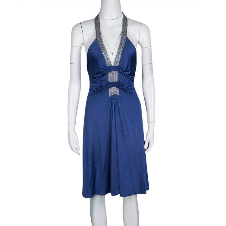 Pre Owned Roberto Cavalli Blue Knit Bead Embellished Halter Dress M